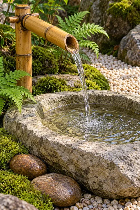 Fontana di bambù e bacino in pietra
