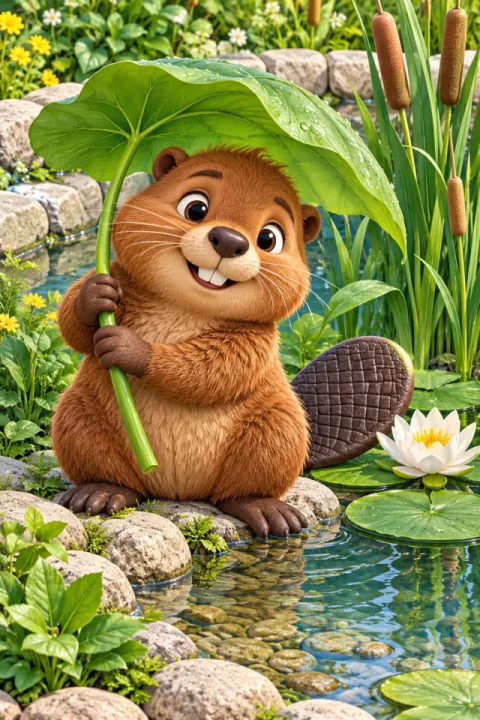 Hải ly con với ô bằng lá