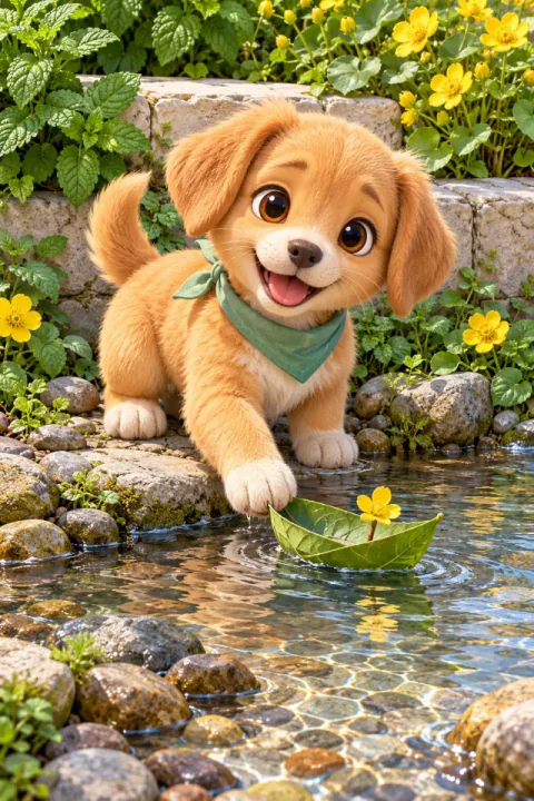 Puppy en een bootje van een blad