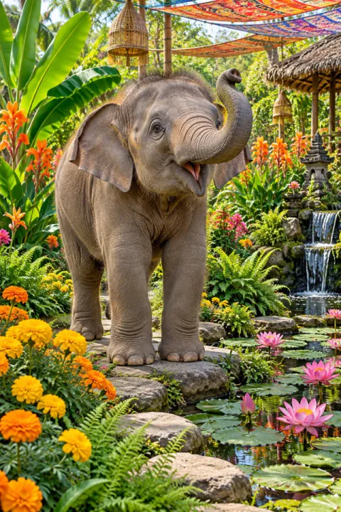 Elefant nadó al jardí de lotus