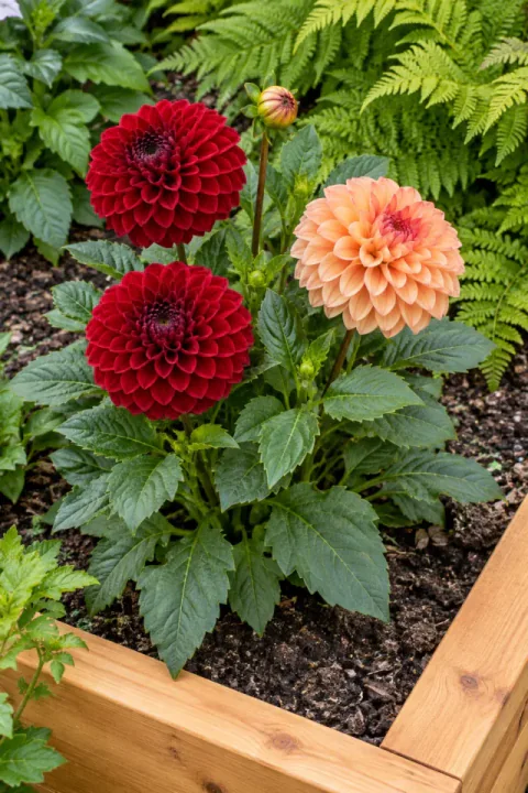 Karminrote Dahlien im modernen Gartenbeet