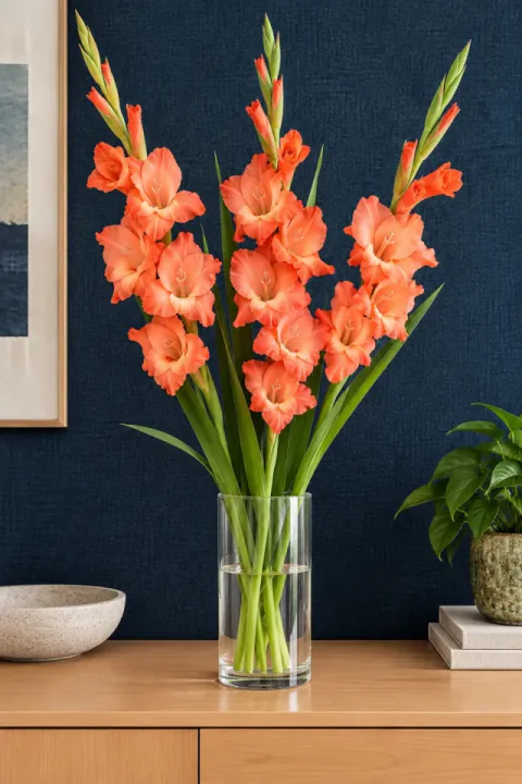 Gladioli ispred tamnoplavog platna