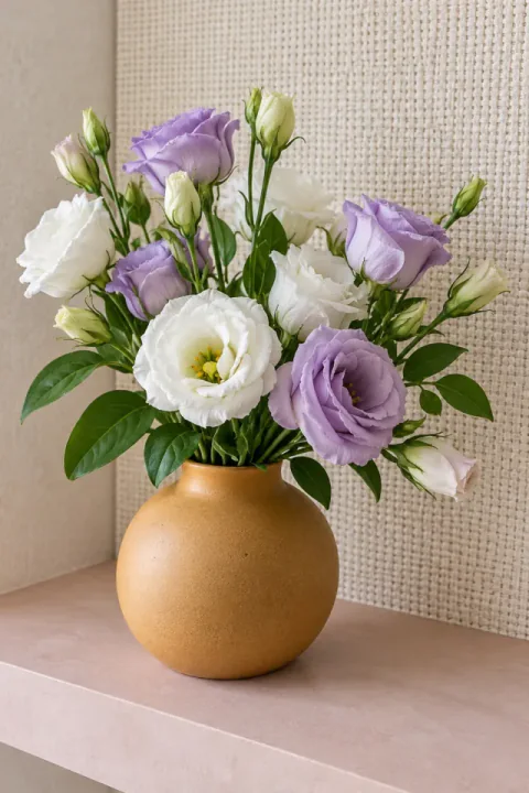 Lisianthus într-o vază ocru