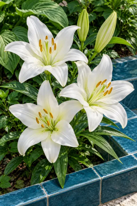 වීදුරු ආවරණ සහිත මිදුලේ සුදු ලිලී මල්