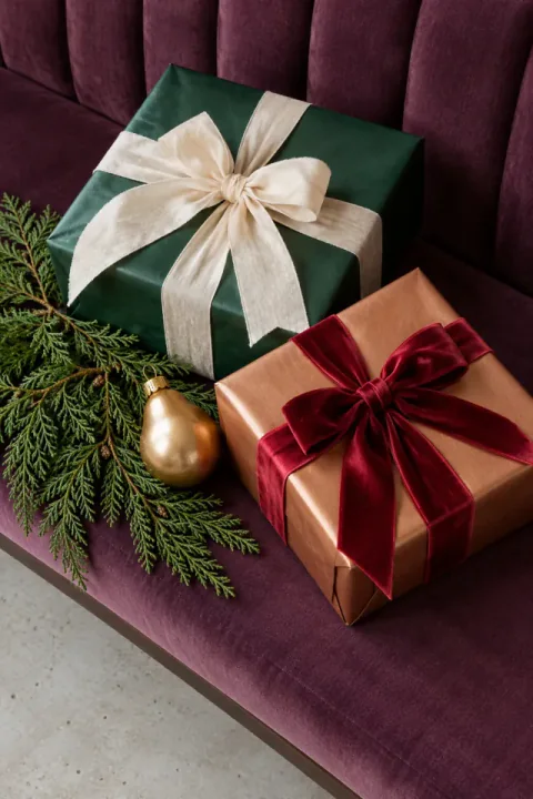 Kadife üzerinde Noel hediyeleri