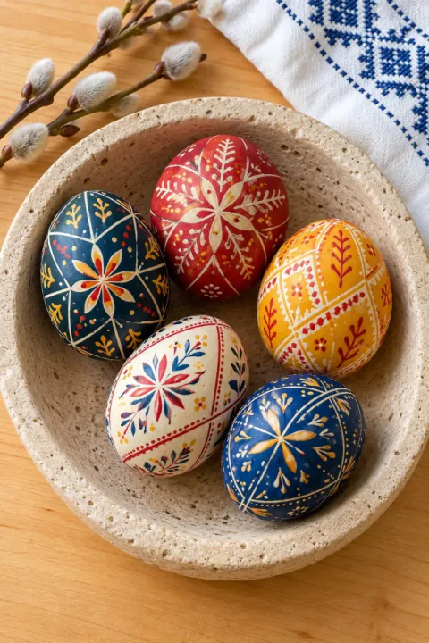 Pysanky in een stenen kom