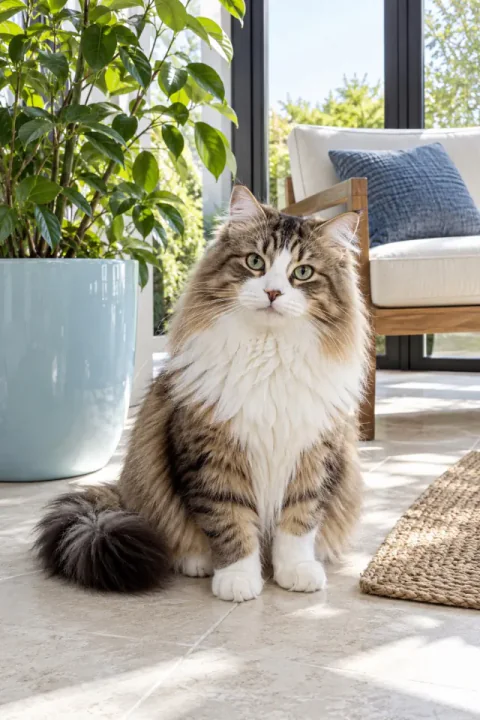 Sibirisk katt på uterummets golv