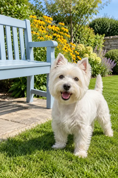 Westie przy niebieskiej ławce ogrodowej