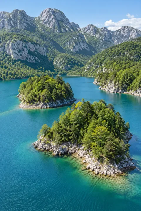 Ilhéus florestados num lago de montanha