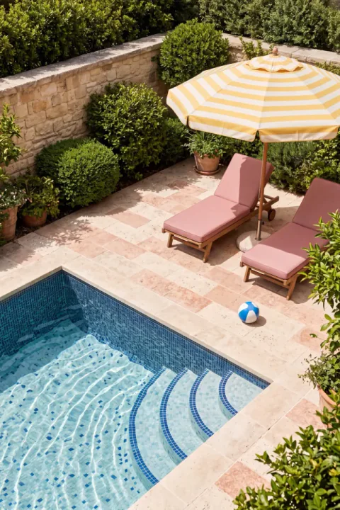 Piscina assolellada sota un para-sol