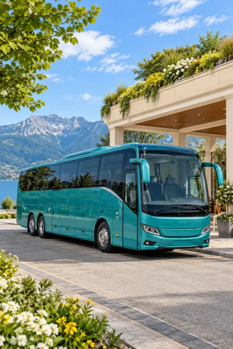 Autocar turquesa nunha parada con xardín