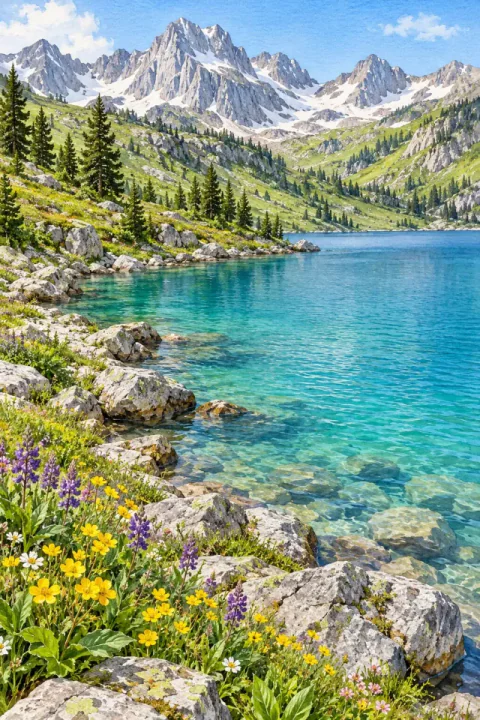 Lago de montaña y flores alpinas