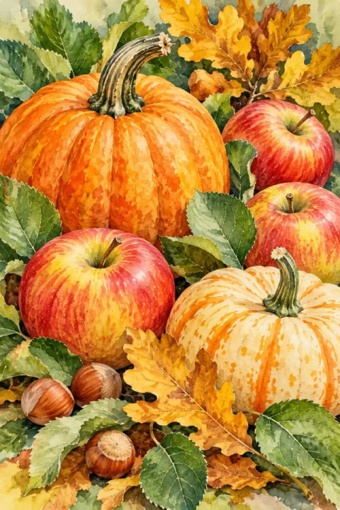 Appels en pompoenen in zonnige herfst