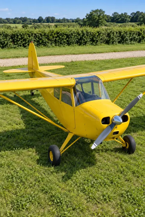 Gult flygplan på ett grönt flygfält